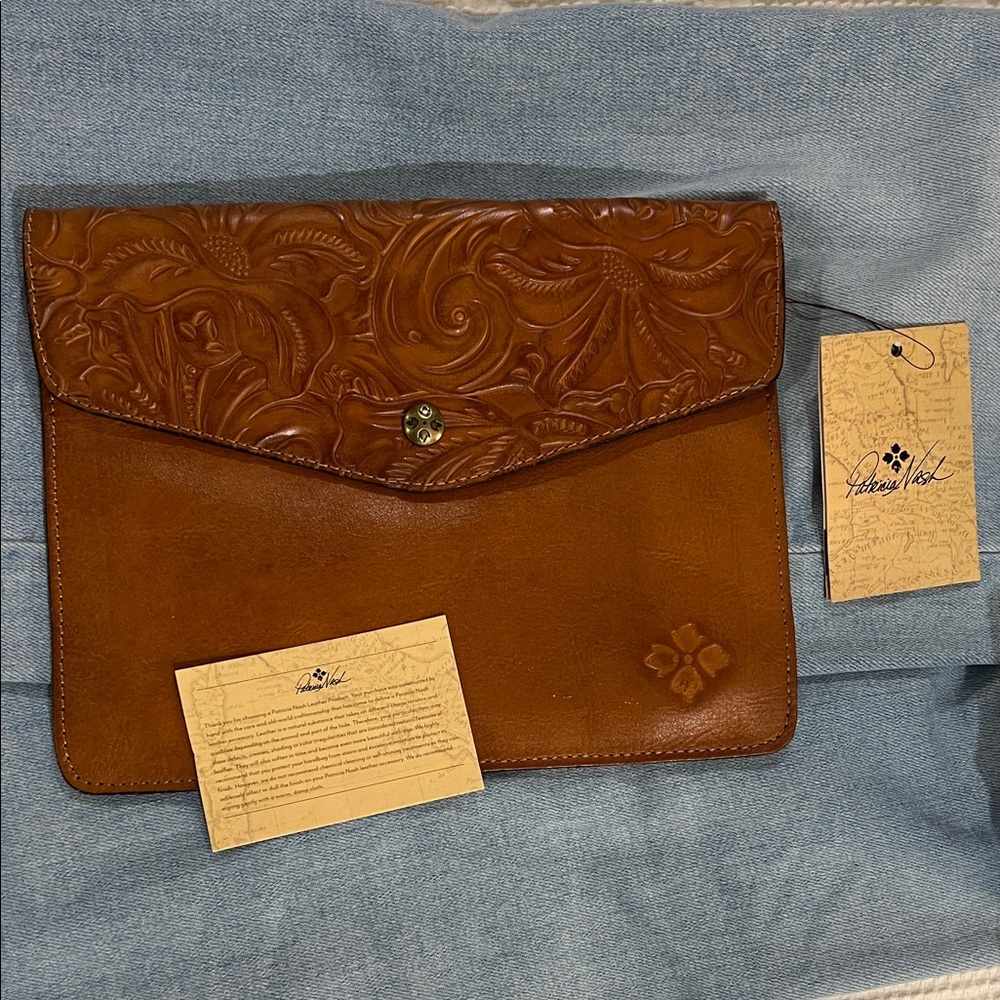 Patricia Nash Tan Leather Clutch with Floral Embossing